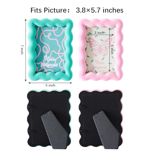 WDS WONDROUS 2 PCS 3x5 Wavy Picture Frames for Table Top, Small Pink and Green Standing Photo Frame Set for Postcard Cute Kids Art, Wedding Decorations for Friends Desk Gallery Display Living Room