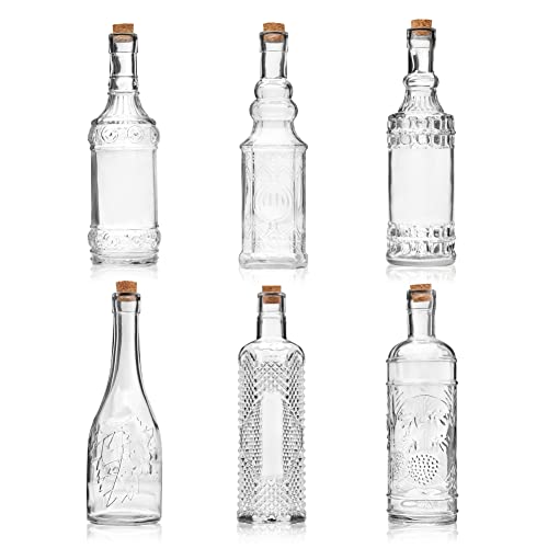 BULK PARADISE Assorted Clear Glass Bottles with Corks, 6 Pack, 2.5in X 9in, 16oz