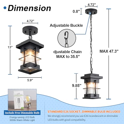 EERU Motion Outdoor Pendant Light Fixture with Dusk to Dawn Sensor Exterior Hanging Lantern with Adjustable Chain Black with Seeded Glass Outside Lights for House Patio Front Porch Lighting