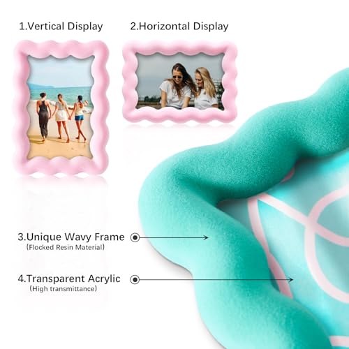 WDS WONDROUS 2 PCS 3x5 Wavy Picture Frames for Table Top, Small Pink and Green Standing Photo Frame Set for Postcard Cute Kids Art, Wedding Decorations for Friends Desk Gallery Display Living Room