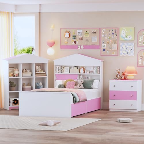 Merax 3-Pieces Bedroom Sets, Twin Size Wooden Bed Frame with House-Shaped Storage Headboard, 3-Drawer Nightstand and Nine Compartments Bookshelf, Cute Design for Boys Girls Kids' Room, Pink+White