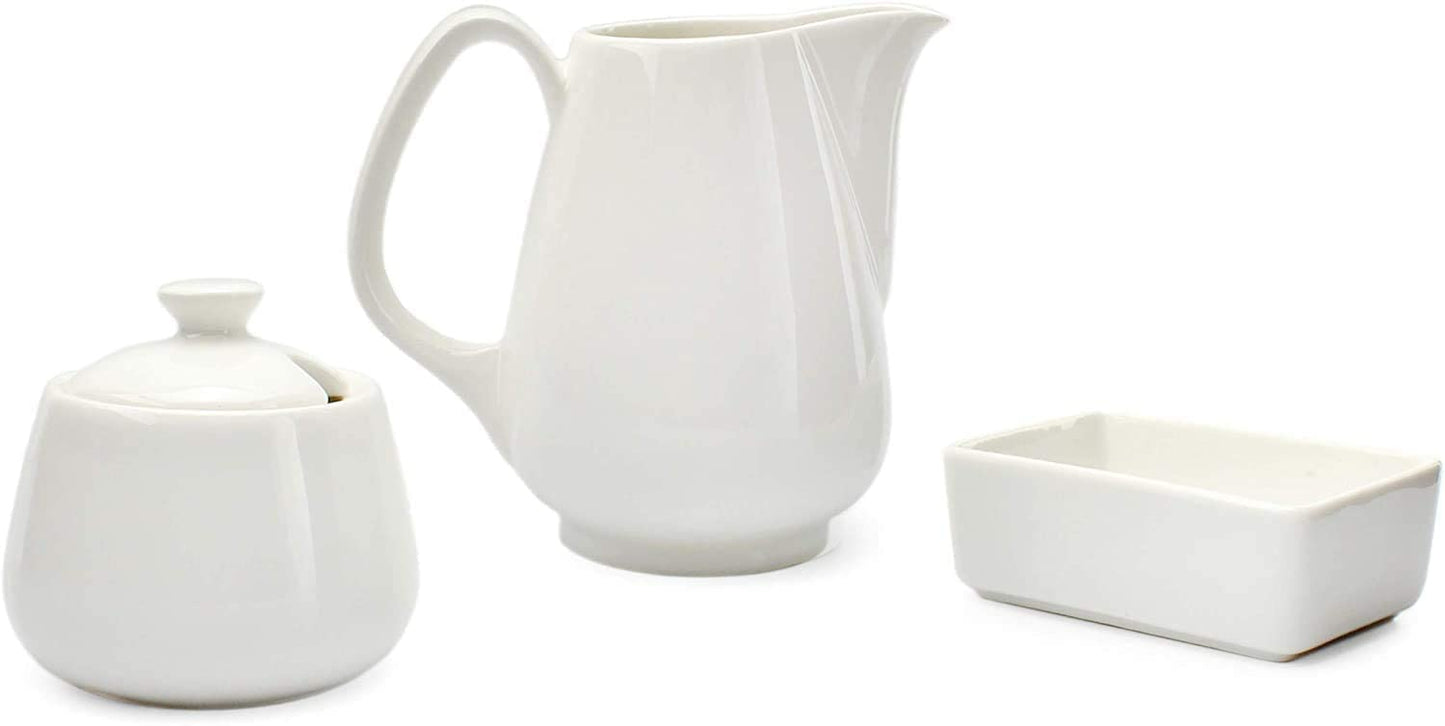 Darware Sugar and Creamer Set; 3-Piece Set w/Cream Pitcher, Sugar Bowl, Sweetener Packet Holder, White Ceramic Tea/Coffee Set