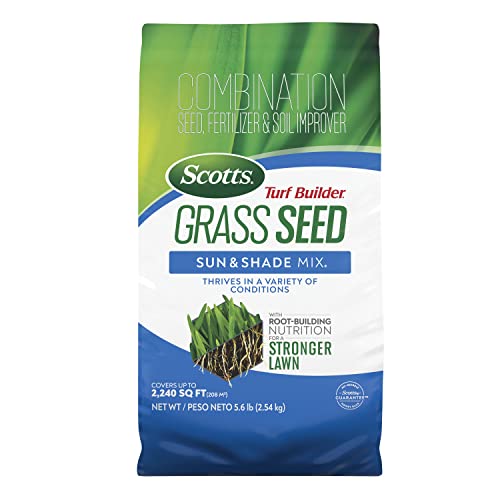 Scotts Turf Builder Grass Seed Sun & Shade Mix with Fertilizer and Soil Improver, Thrives in Many Conditions, 5.6 lbs.