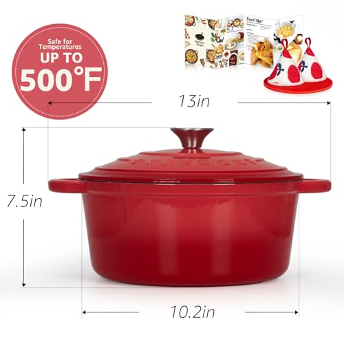 Overmont Enameled Cast Iron Dutch Oven - 5.5QT Pot with Lid Cookbook & Cotton Potholders - Heavy-Duty Cookware for Braising, Stews, Roasting, Bread Baking red