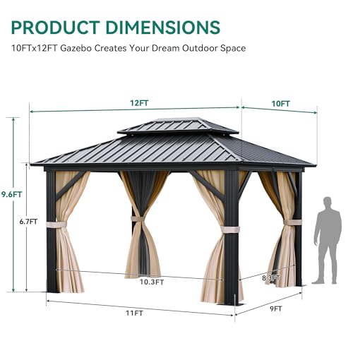 YITAHOME 10x12ft Gazebo Double Roof Hardtop with Nettings and Curtains, Heavy Duty Galvanized Steel Outdoor Vertical Stripes Roof for Patio, Backyard, Deck, Lawns, Brown