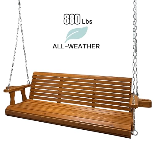 Fortune Candy Wooden Porch Swing 3-Seater, Bench Swing with Cupholders, Hanging Chains and 7mm Springs, Heavy Duty 880 LBS, for Outdoor Patio Garden Yard, Brown - 5 FT