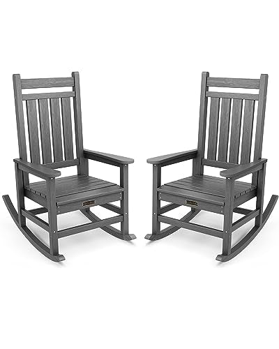 SERWALL Outdoor Rocking Chair Set of 2, HDPE Rocking Chairs for Adult, All Weather Porch Rockers for Lawn Garden, Grey