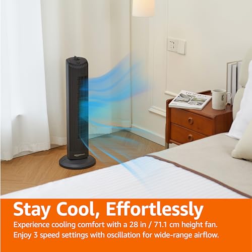 Amazon Basics Oscillating Tower Fan For Bedroom, Cooling, Home, Mechanical Control, 3 Speeds, 28 inch, Black