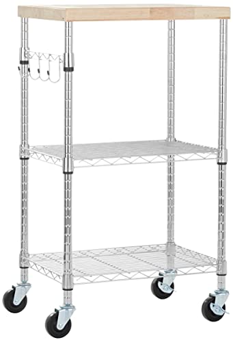 Amazon Basics Kitchen Storage Microwave Rack Cart on Caster Wheels with Adjustable Shelves, 175 Pound Capacity, 24 x 15.5 x 36.8 inches, Wood/Chrome