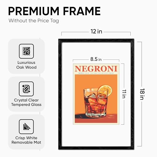 Homeforia 12x18 Wood Frame Black, Premium Black Oak 12x18 Wood Poster Frame with 8.5x11 Mat, 12 x 18 Black Wooden Frame for Wall, Tempered Glass, Wall Hook Included, Set of 1