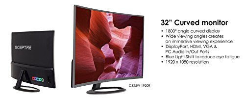 Sceptre C325W-1920R 32" 1800R Curved Monitor 1080P HDMI DisplayPort Ultra Thin Build-in Speakers, Metal Black