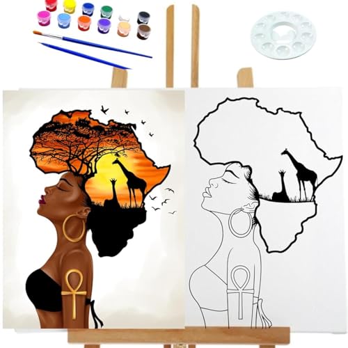 Essenburg Pre Drawn Canvas LADY AFRICA Paint Kit | Adult & Teen Sip and Paint Party Favor | DIY Date Night Couple Activity (S 8x10 CANVAS ONLY)