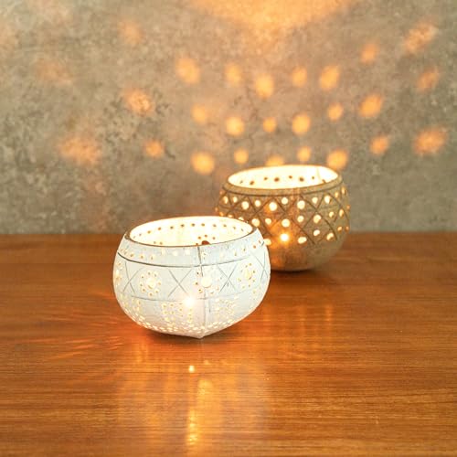 Restaurantware - Coco Casa 4 x 3.3 Inch Coconut Shell Candle Holders, 1 Reusable Tealight Candle Holders - Candle Not Included, Sun And Light Pattern, White Coconut Bowls For Candles, Handcrafted