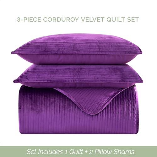 Elegant Comfort Luxury 3-Piece Velvet Corduroy Stripe Quilt Set, Ultra Soft Bedspread - Cozy Velvet Coverlet Set - 3PC Medium Weight Quilted Set with Matching Pillow Shams, Twin XL, Purple