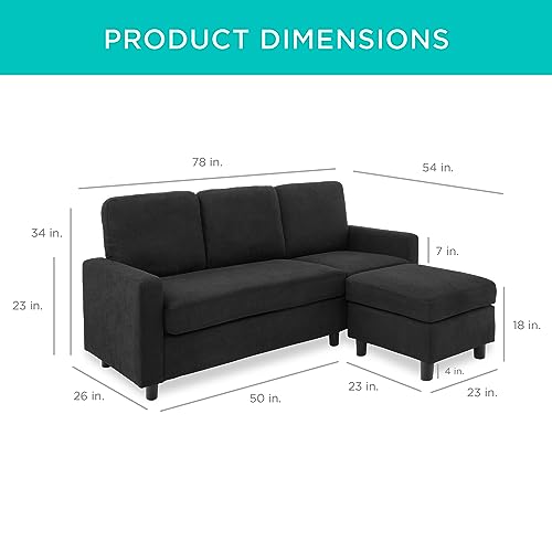 Best Choice Products Upholstered Sectional Sofa for Home, Apartment, Dorm, Bonus Room, Compact Spaces w/Chaise Lounge, 3-Seat, L-Shape Design, Reversible Ottoman Bench, 680lb Capacity - Black