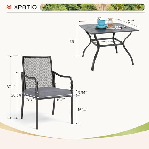 MIXPATIO Outdoor Patio Dining Set for 4, 37" Square Metal Table with 4 Cushioned Chairs, Indoor-Outdoor Table Set for Deck Porch Backyard Alfresco Dining