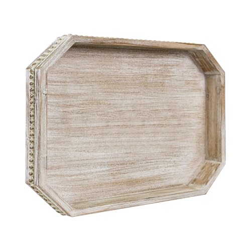 Wooden Decorative Tray, Rustic Serving Tray with Wood Bead, Farmhouse Big Tray for Ottoman, Countertop, Coffee Tabl, 16.5" x 13"x 1.6" (White Washed)