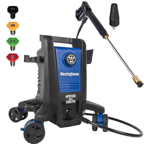 Westinghouse ePX3100 Electric Pressure Washer, 2300 Max PSI 1.76 Max GPM with Anti-Tipping Technology, Onboard Soap Tank, Pro-Style Steel Wand, 5-Nozzle Set, for Cars/Fences/Driveways/Home/Patios