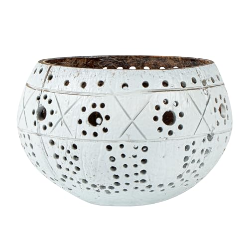 Restaurantware - Coco Casa 4 x 3.3 Inch Coconut Shell Candle Holders, 1 Reusable Tealight Candle Holders - Candle Not Included, Sun And Light Pattern, White Coconut Bowls For Candles, Handcrafted