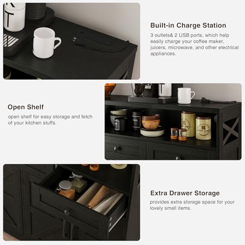 51" Black Buffet Sideboard Cabinet with Storage, Farmhouse Kitchen Storage Pantry Cabinet with Shelves, Wood Cupboard Hutch Cabinet, Coffee Bar Station Table for Kitchen, Living Room, Dining Room