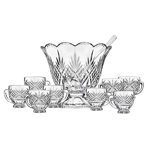 Godinger Dublin Crystal Punch Bowl Set with 8 Cups and Ladle - 10 Piece Set