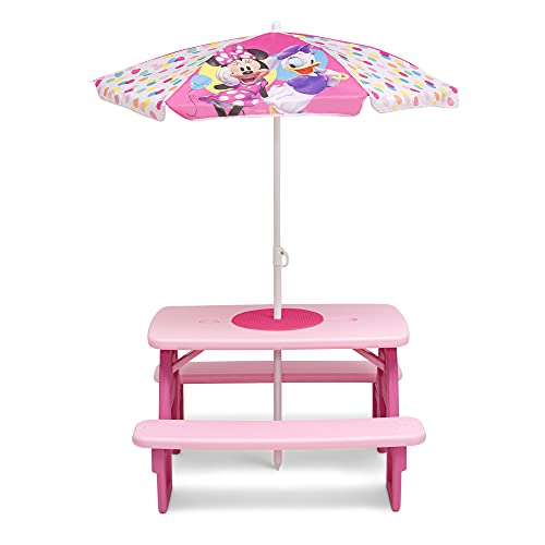 Delta Children 4 Seat Activity Picnic Table with Umbrella and Lego Compatible Tabletop, Minnie Mouse