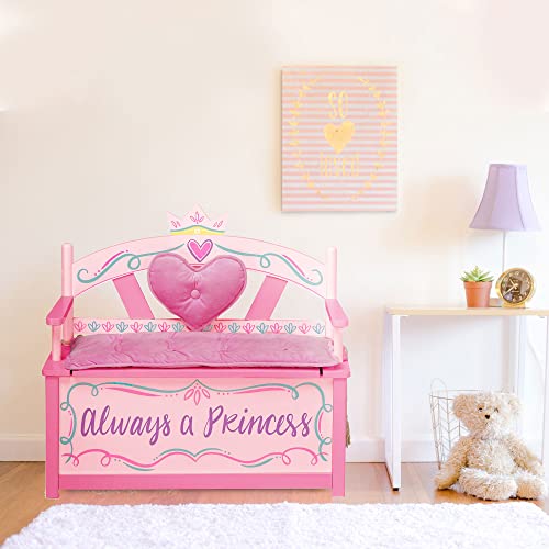 Wildkin Kids Princess Wooden Bench Seat With Storage, Toy Box Bench Seat Features Safety Hinge, Padded Backrest, Seat Cushion, and Two Carrying Handles, Measures 32 x 15.5 x 27.5 Inches (Pink)