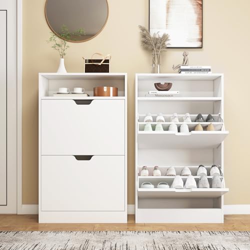 KUMIUNION Shoe Storage Cabinet with 2 Flip Drawers, Slim Freestanding Storage Racks for Entryway, Hallway, Hidden Narrow Shoe Organizers Perfect for Heels, Boots, Slippers, White