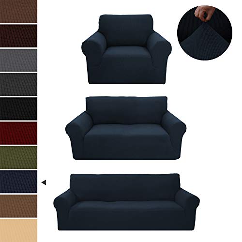 LinenTopia 3-Piece Couch Cover Set, Sofa, Loveseat, and Arm Chair Slipcovers, Form fit Stretch, Wrinkle Free, Furniture Protector, Premium Brushed Sofa Covers for Living Room (Blue)