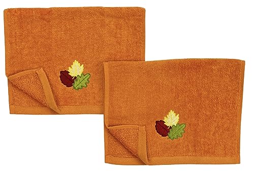 Serafina Home Decorative Fall Leaf Fingertip Towels: Embroidered Gold Burgundy Green Leaves Design on Plush Orange, 2 Piece Set, 12" x 18" Inch Each (Fall Leaf)