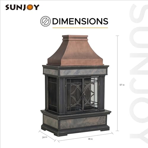 Sunjoy Outdoor Fireplace, Stone Look Tile Patio Wood Burning Steel Fireplace with Chimney, Spark Screen, Fire Poker, Rain Cover, and Removable Grate, Copper with Gray Tile