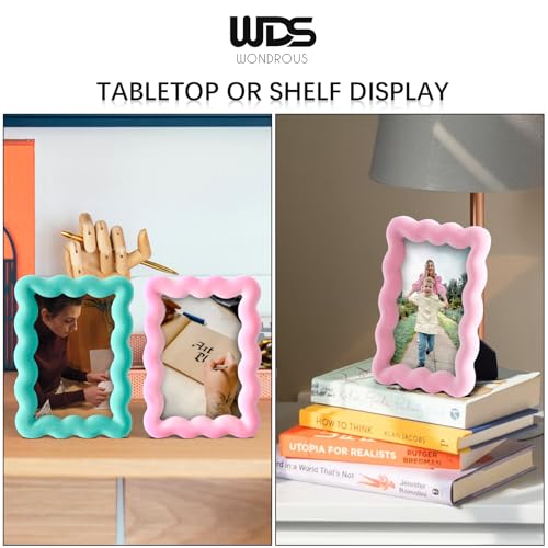 WDS WONDROUS 2 PCS 3x5 Wavy Picture Frames for Table Top, Small Pink and Green Standing Photo Frame Set for Postcard Cute Kids Art, Wedding Decorations for Friends Desk Gallery Display Living Room