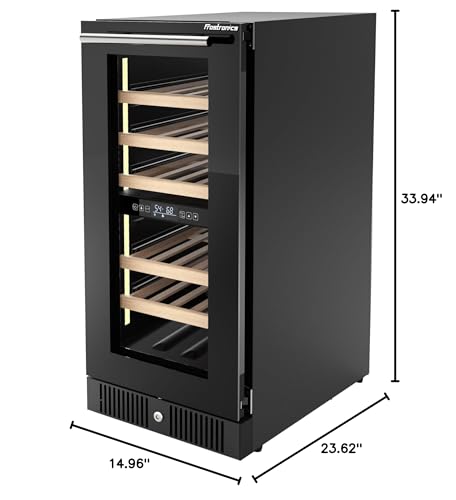 Frostronics 15 Inch Dual Zone Wine Refrigerator, 29 Bottles Under Counter Built-In or Freestanding Wine Cellar, Wine Cooler with Quiet Compressor Cooling and Reversible Glass Door, Fits Large Bottle