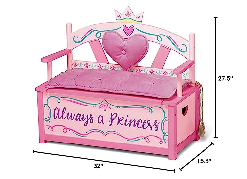 Wildkin Kids Princess Wooden Bench Seat With Storage, Toy Box Bench Seat Features Safety Hinge, Padded Backrest, Seat Cushion, and Two Carrying Handles, Measures 32 x 15.5 x 27.5 Inches (Pink)