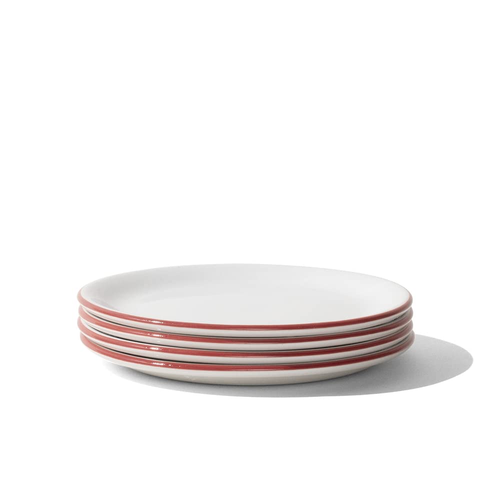 Made In Cookware - Set of 4 - Bread and Butter Plates - White With Red Rim - Porcelain - Crafted in England