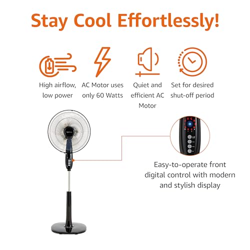 Amazon Basics 16-Inch Pedestal Floor Fan Oscillating Remote, 3-Speed, Energy-Efficient, Black