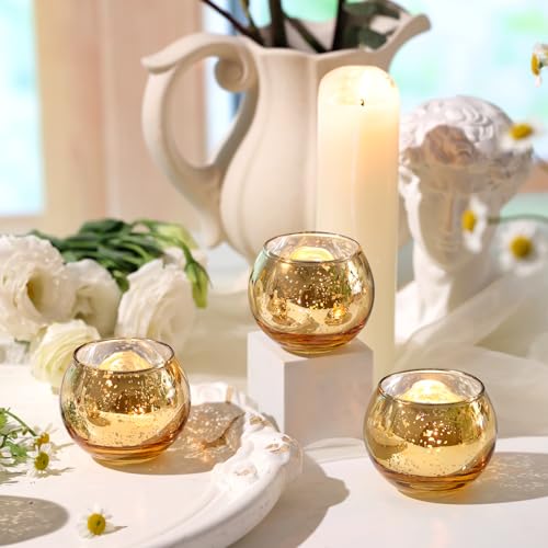 Volens Round Gold Votive Candle Holders, Mercury Glass Candle Holder Set of 12