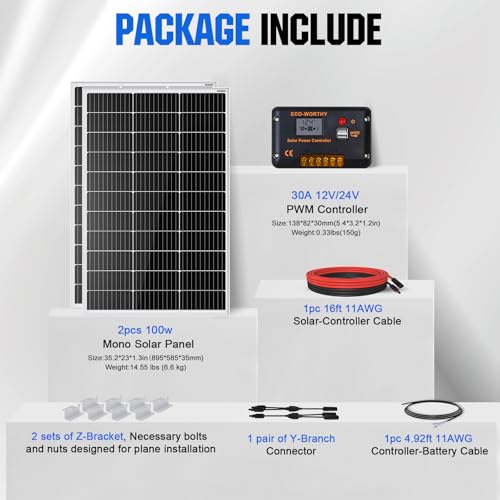 ECO-WORTHY 200 Watts 12 Volt/24 Volt Solar Panel Kit with High Efficiency Monocrystalline Solar Panel and 30A PWM Charge Controller for RV, Camper, Vehicle, Caravan and Other Off Grid Applications