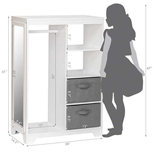 UTEX Kids Dress Up Storage with Full Length Mirror, Kids Armoire with 2 Storage Bins, Opening Hanging Costume Closet Wardrobe for Kids, Pretend Storage Closet Armoire Dresser for Kids Room