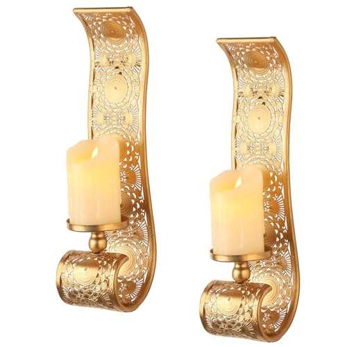 Capesaro Wall Candle Sconce Set of 2,Metal Wall Mounted Candle Holder for Home,Living Room, Bathroom, Dining Room Decorations,Gold