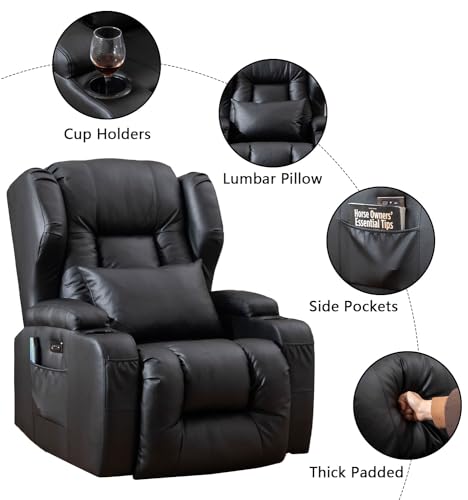 DRMBOOK Leather Power Recliner Chair Set with Multi-Functional Console, LED Light Theater Seating Double Recliner with Massage and Heat, Cup Holders/Charging/Free Pillows (Black, Set of 2)