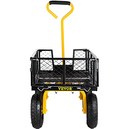 VEVOR Steel Garden Cart, Heavy Duty 500 lbs Capacity, with Removable Mesh Sides to Convert into Flatbed, Utility Metal Wagon with 180° Rotating Handle and 10 in Tires, Perfect for Garden, Farm, Yard