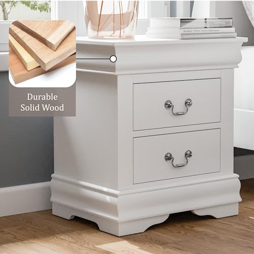 Furniture of America Louis Phillipe Traditional Solid Wood 3 Piece Bedroom Set, Twin Bed Frame and Nightstands Set of 2, Chic Sleigh Bedframe with Headboard and Footboard, Box Spring Needed, White