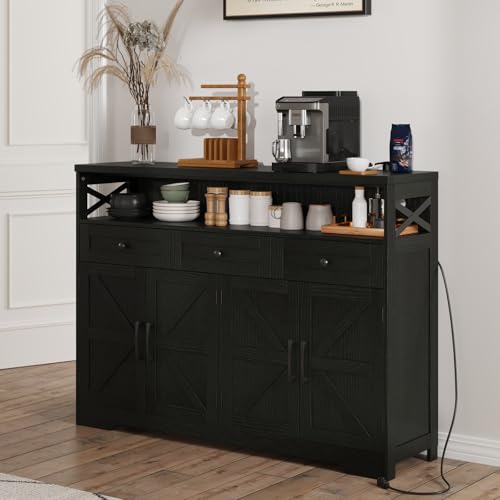 51" Black Buffet Sideboard Cabinet with Storage, Farmhouse Kitchen Storage Pantry Cabinet with Shelves, Wood Cupboard Hutch Cabinet, Coffee Bar Station Table for Kitchen, Living Room, Dining Room