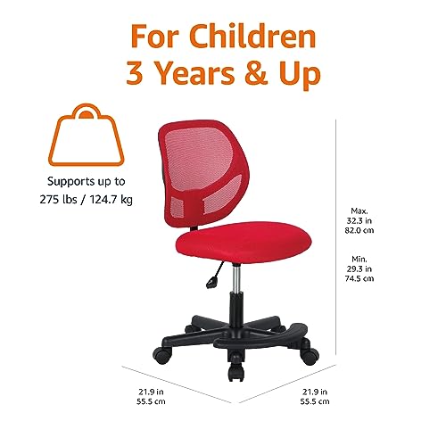 Amazon Basics Kids Adjustable Mesh Low-Back Swivel Study Desk Chair with Footrest, Red