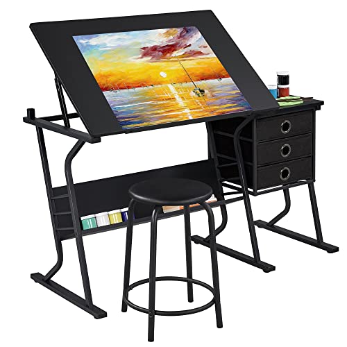 Yaheetech Drafting Table for Adults/Artists, Drawing Desk, Tabletop Adjustable Art/Craft Desk with Stool and 3 Slide Drawers, Sketching Painting Artwork Station for Art Studio Home Office School