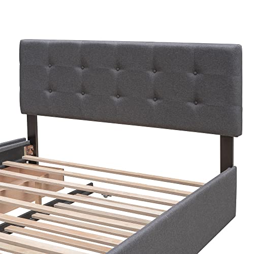 DRELOFT Queen Size Platform Bed, Queen Linen Fabric Upholstered Platform Bed Frame with 2 Storage Drawers and 1 Twin XL Trundle, Ideal Bedroom Furniture, No Box Spring Needed, Dark Gray