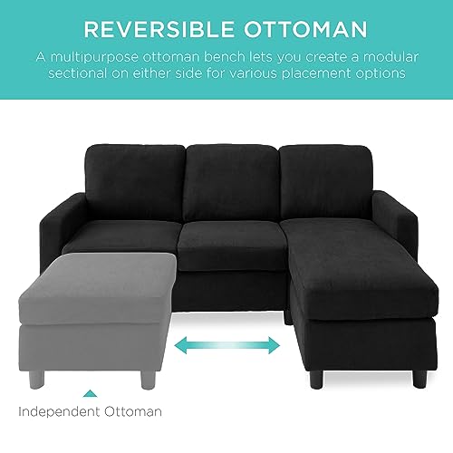 Best Choice Products Upholstered Sectional Sofa for Home, Apartment, Dorm, Bonus Room, Compact Spaces w/Chaise Lounge, 3-Seat, L-Shape Design, Reversible Ottoman Bench, 680lb Capacity - Black