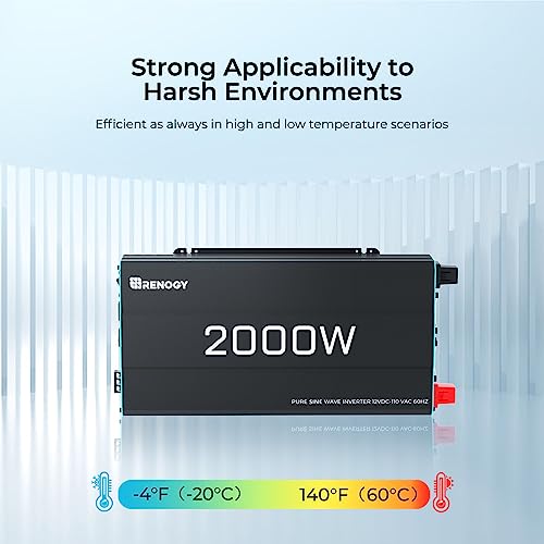 Renogy 2000W Pure Sine Wave Inverter 12V DC to 120V AC Converter for Home, RV, Truck, Off-Grid Solar Power Inverter 12V to 110V with Built-in 5V/2.1A USB / Hardwire Port, Remote Controller