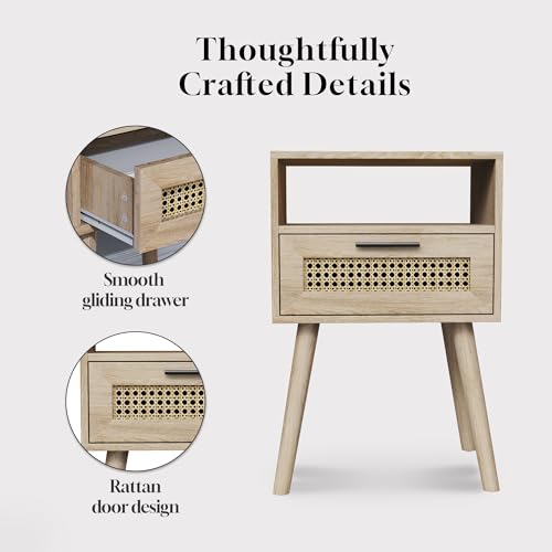 AmzYuga Nightstands Set of 2, Rattan Night Stand, Boho Nightstand with Drawer Open Storage, Modern Bed Side Table with Solid Wood Feet for Bedroom